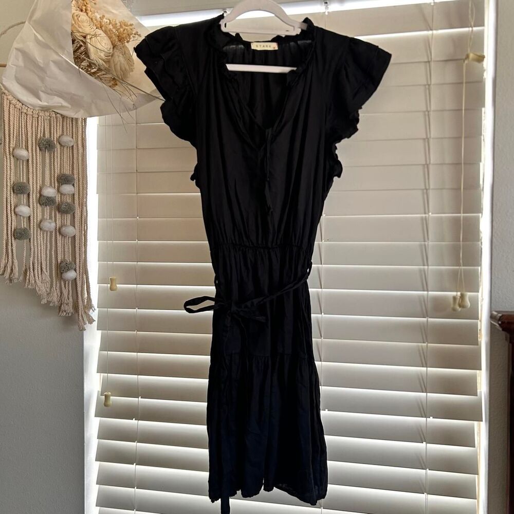 STARK X black ruffle tie waist mini dress XS romantic coquette preppy - Picture 2 of 6